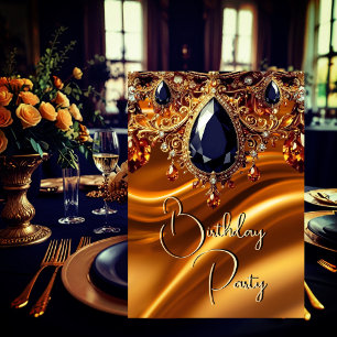 Birthday Party Caramel Gold Silk Black Blue gem Invitation