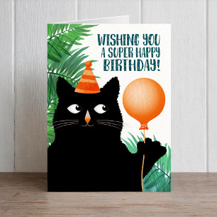 Birthday party card with black cat and balloon