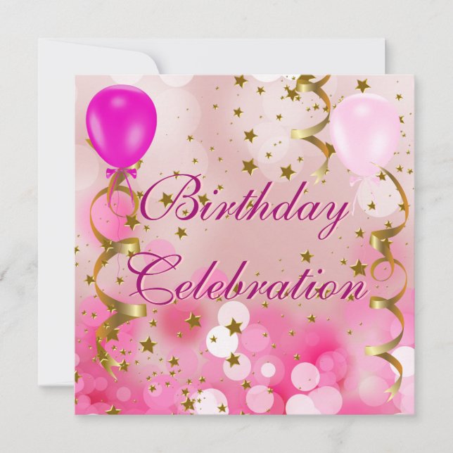 Birthday Party Celebration Pink Gold Stars Balloon Invitation (Front)