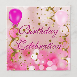 Birthday Party Celebration Pink Gold Stars Balloon Invitation