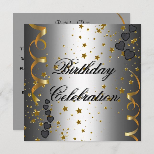 Birthday Party Celebration Silver Black Gold Stars Invitation (Front/Back)