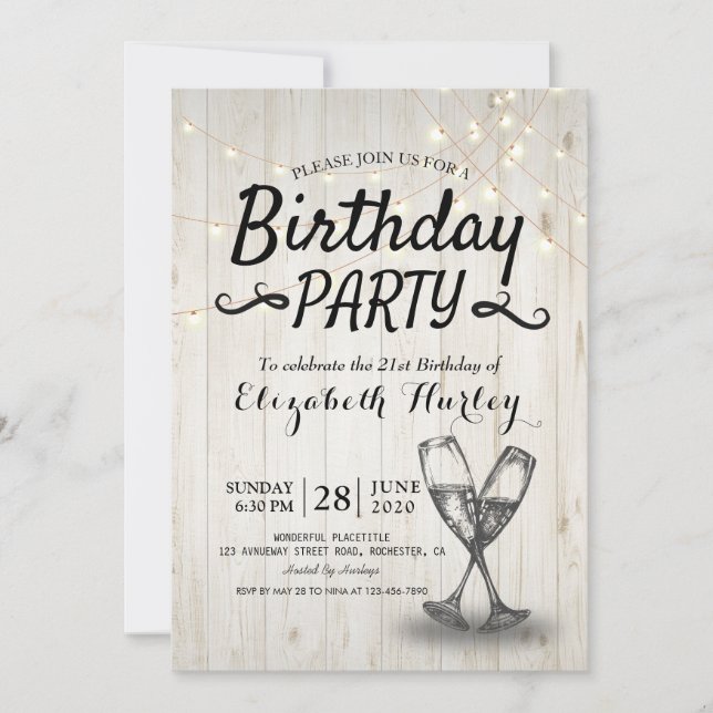 Birthday Party Champagne Glass Wood String Lights Invitation (Front)