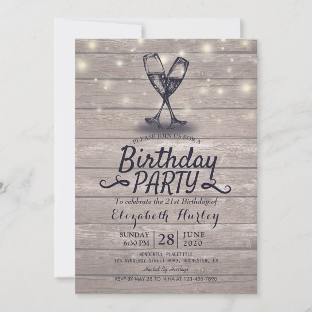 Birthday Party Champagne Glass Wood String Lights Invitation (Front)