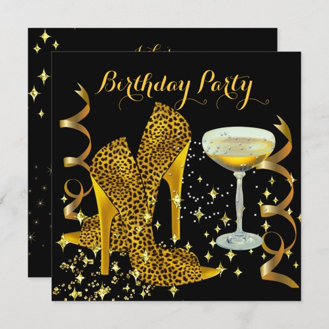 Birthday Party Champagne Gold Leopard Heels Invitation (Front/Back)