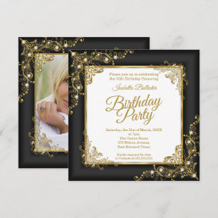 Birthday party charcoal black Gold White Photo Invitation