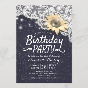 Birthday Party Chic Lace Sunflowers String Lights Invitation