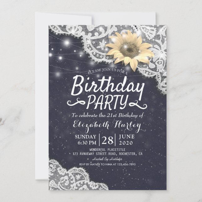 Birthday Party Chic Lace Sunflowers String Lights Invitation (Front)