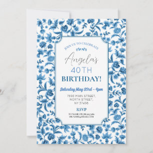 Birthday Party Chintz Blue & White Floral Ditsy Invitation