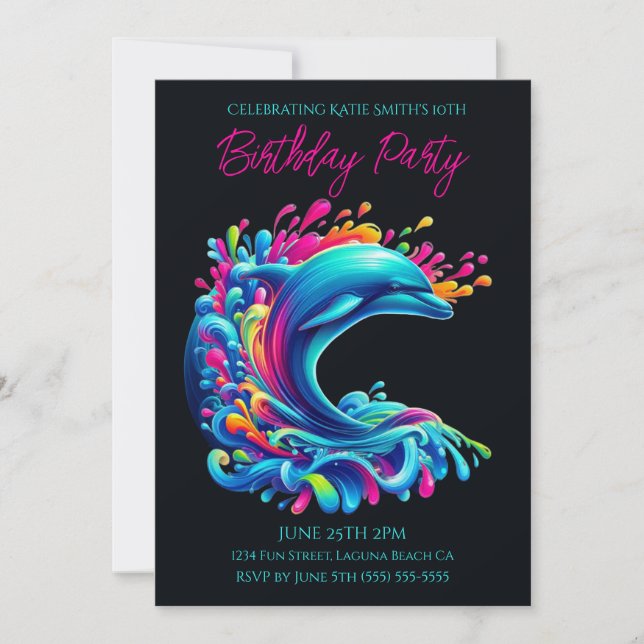 Birthday Party- Colourful Dolphin Splash Invitation (Front)