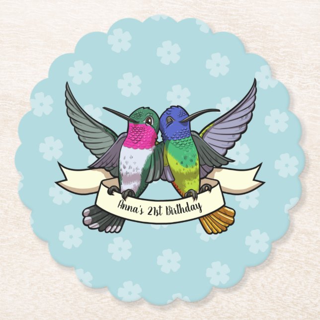 Birthday Party Colourful Hummingbirds Cartoon Paper Coaster (Front)
