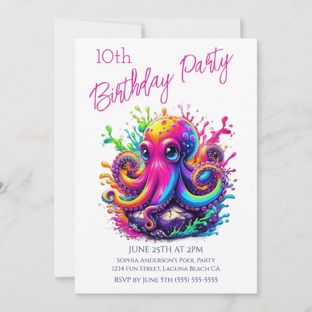Birthday Party- Colourful Octopus Splash Invitation (Front)