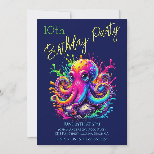 Birthday Party- Colourful Octopus Splash Invitation (Front)
