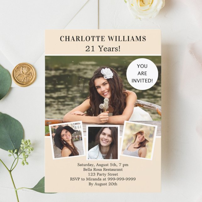 Birthday party cream ivory photo collage luxury invitation (Creator Uploaded)