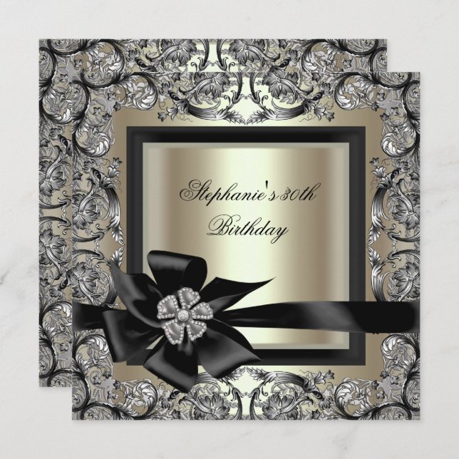Birthday Party Cream Mint Gold Silver Black Bow 2 Invitation (Front/Back)