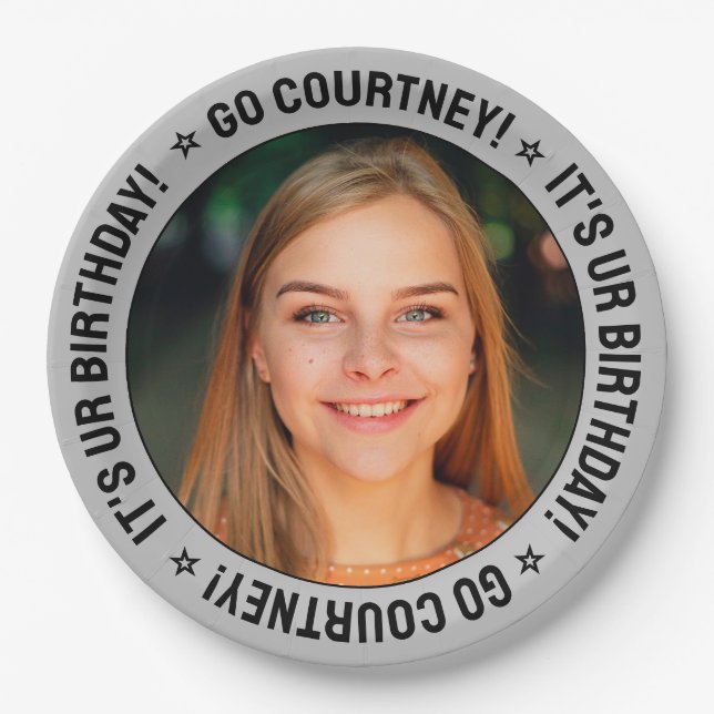 Birthday Party Custom Photo and Text Fun Silver Paper Plate (Front)