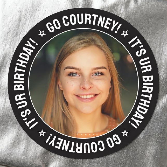 Birthday Party Custom Photo and Text Personalised Classic Round Sticker (Personalized birthday stickers with custom photo and name. Shown on silver wrapping paper.)