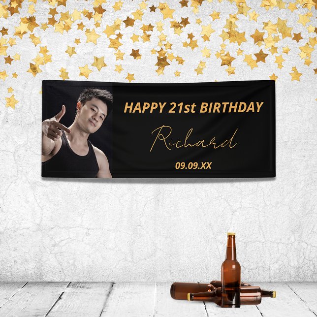 Birthday party custom photo black gold modern guy banner (Creator Uploaded)
