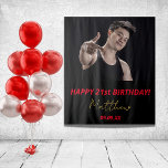 Birthday party custom photo black red gold tapestry<br><div class="desc">A tapestry for a 21st (or any age) birthday party for guys. An elegant modern black background. Personalise and add your own high quality photo of the birthday boy/man. The text: The name is white with a modern hand lettered style script. Tempates for a name, age 21 and a date....</div>