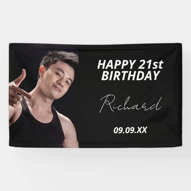 Birthday party custom photo black white modern guy banner (Horizontal)