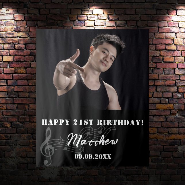 Birthday party custom photo black white music guy tapestry (Creator Uploaded)