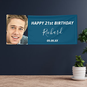 Birthday party custom photo blue white modern guy banner