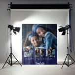Birthday party custom photo collage navy blue tapestry<br><div class="desc">A tapestry for a 21st (or any age) birthday party. A navy blue background. Personalise and add 4 high quality photos of the birthday girl. The text: The name in white with a modern hand lettered style script. Tempates for a name, age. Can be used as wall decor for the...</div>