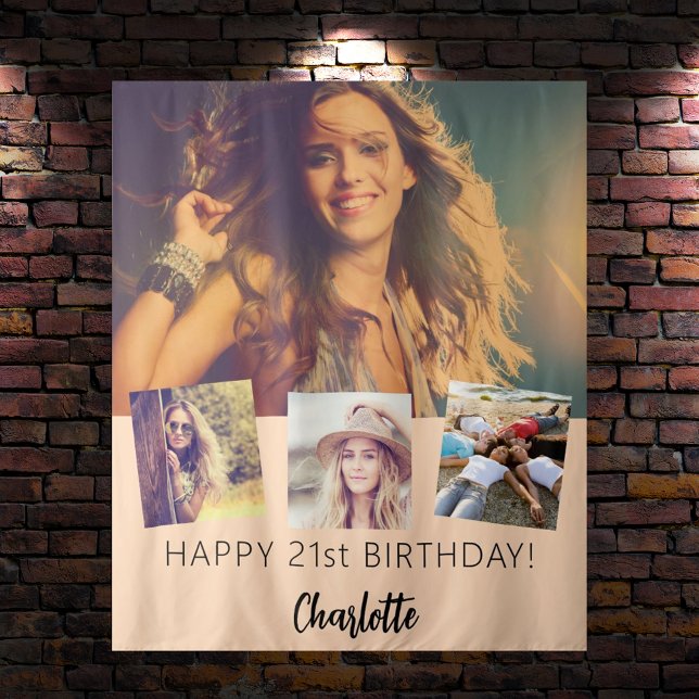 Birthday party custom photo collage peach tapestry (Creator Uploaded)