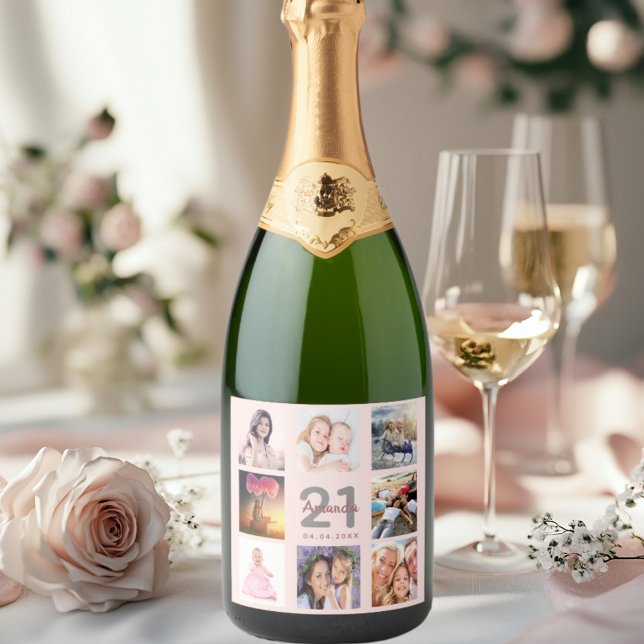 Birthday party custom photo collage rose gold pink sparkling wine label (Creator Uploaded)