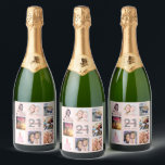Birthday party custom photo collage rose gold pink sparkling wine label<br><div class="desc">A bottle label for a 21st (or any age) birthday party, celebrating her life with a collage of 8 of your photos. Personalise and add a name, age 21 and a date. Date of birth or the date of the party. Grey and dark rose gold coloured letters. A girly and...</div>