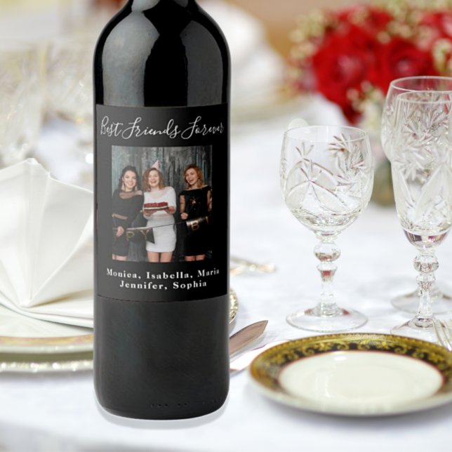 Birthday party custom photo friends forever black wine label (Creator Uploaded)