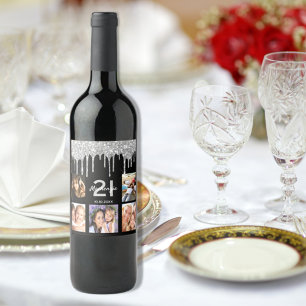 Birthday party custom photo glitter black silver wine label
