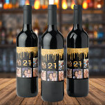 Birthday party custom photo glitter black sparkle wine label<br><div class="desc">For a 21st (or any age) birthday party, celebrating her life with a collage of 5 of your own photos. Personalise and add a name, age 21 and a date. Date of birth or the date of the party. White and golden coloured letters. Classic black background colour, decorated with faux...</div>