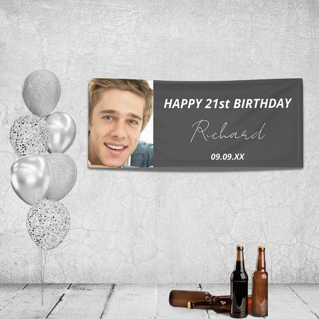 Birthday party custom photo grey white guy modern banner (Creator Uploaded)