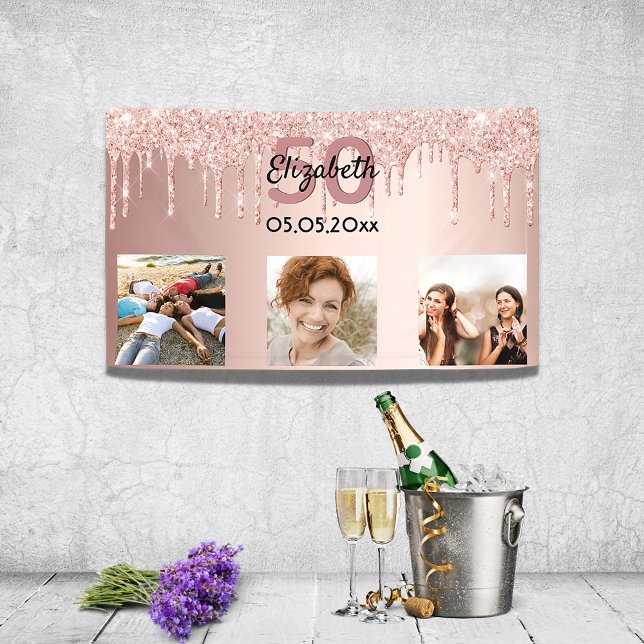 Birthday party custom photo rose gold pink glitter banner (Creator Uploaded)