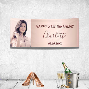 Birthday party custom photo rose gold pink modern banner