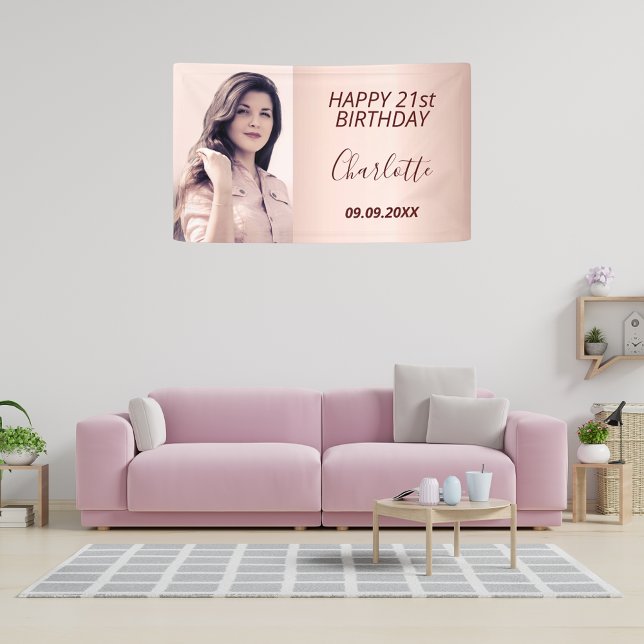 Birthday party custom photo rose gold pink modern banner (Creator Uploaded)