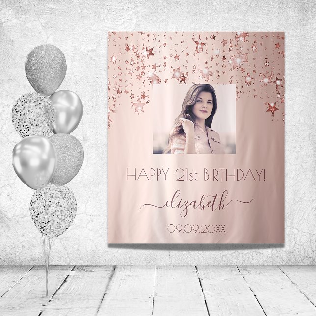 Birthday party custom photo rose gold stars pink tapestry (Creator Uploaded)