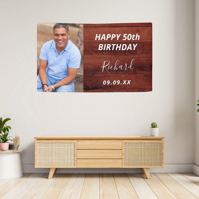 Birthday party custom photo rustic brown wood banner (Creator Uploaded)