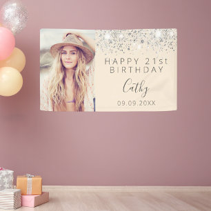 Birthday party custom photo silver cream banner