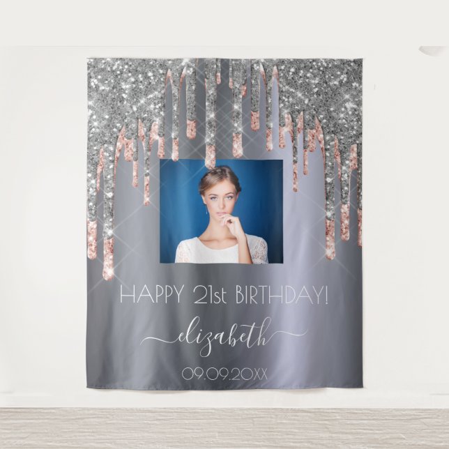 Birthday party custom photo silver pink drips tapestry (Front)