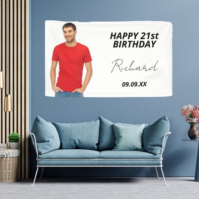 Birthday party custom photo white modern guy banner (Creator Uploaded)