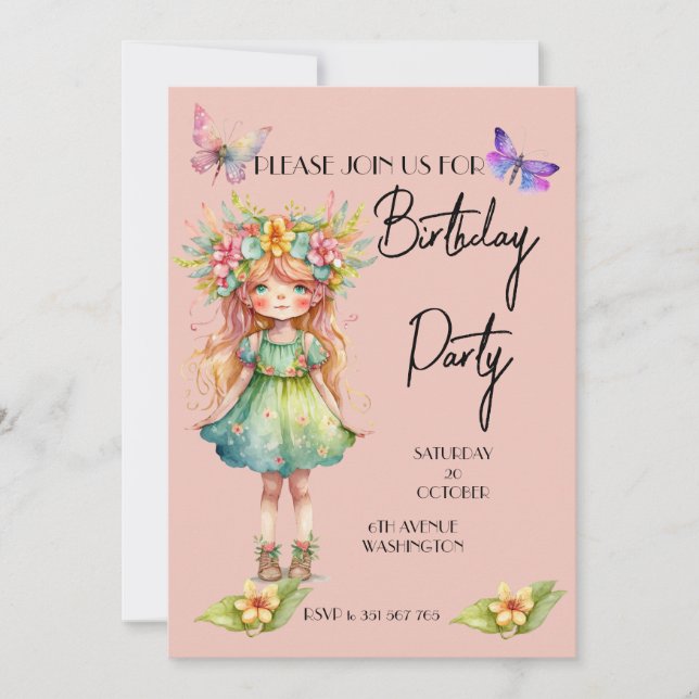 Birthday party cute fairy invitation (Front)
