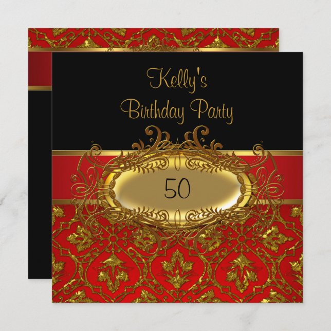 Birthday Party Damask Black Red Gold Invitation (Front/Back)