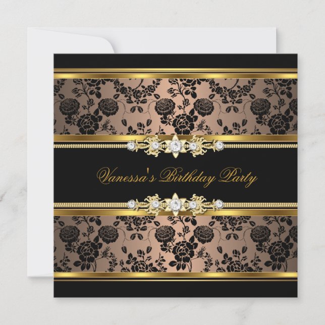 Birthday Party Damask Coffee Gold Black Invitation (Front)