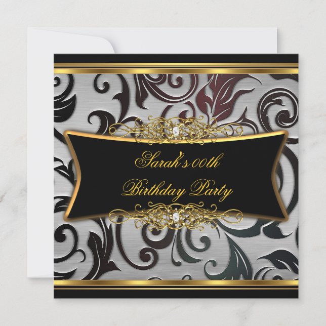 Birthday Party Damask Floral Black Gold White Invitation (Front)