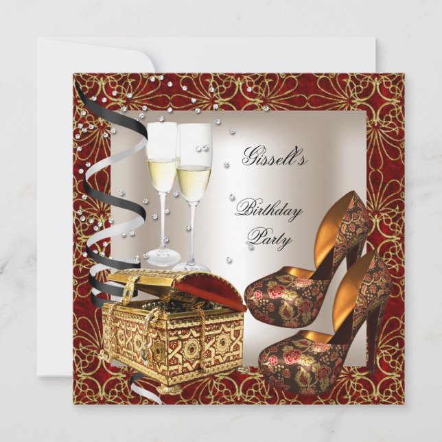 Birthday Party Damask Red Gold Shoes Cream Invitation (Front)
