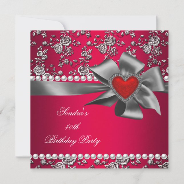 Birthday Party Damask Red Silver White Pearl Invitation (Front)