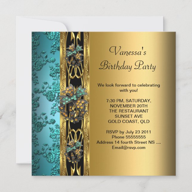 Birthday Party Damask Teal Blue Gold 2 Invitation (Front)