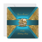 Birthday Party Damask Teal Blue Gold Invite