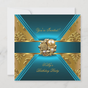 Birthday Party Damask Teal Blue Gold Invite